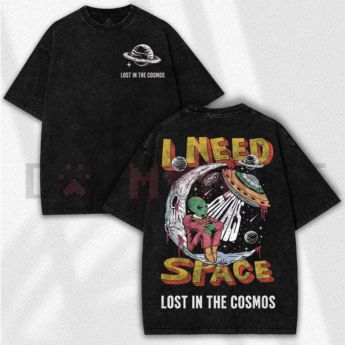 Model wearing the I Need Space retro alien graphic tee for a Perseid meteor shower style guide