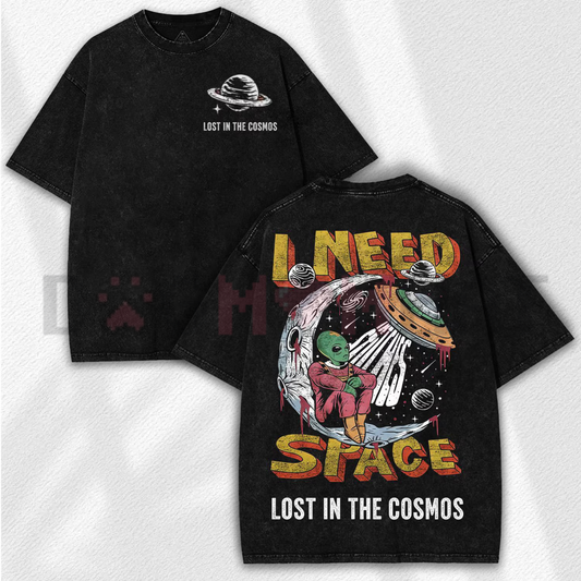 Model wearing the I Need Space retro alien graphic tee for a Perseid meteor shower style guide