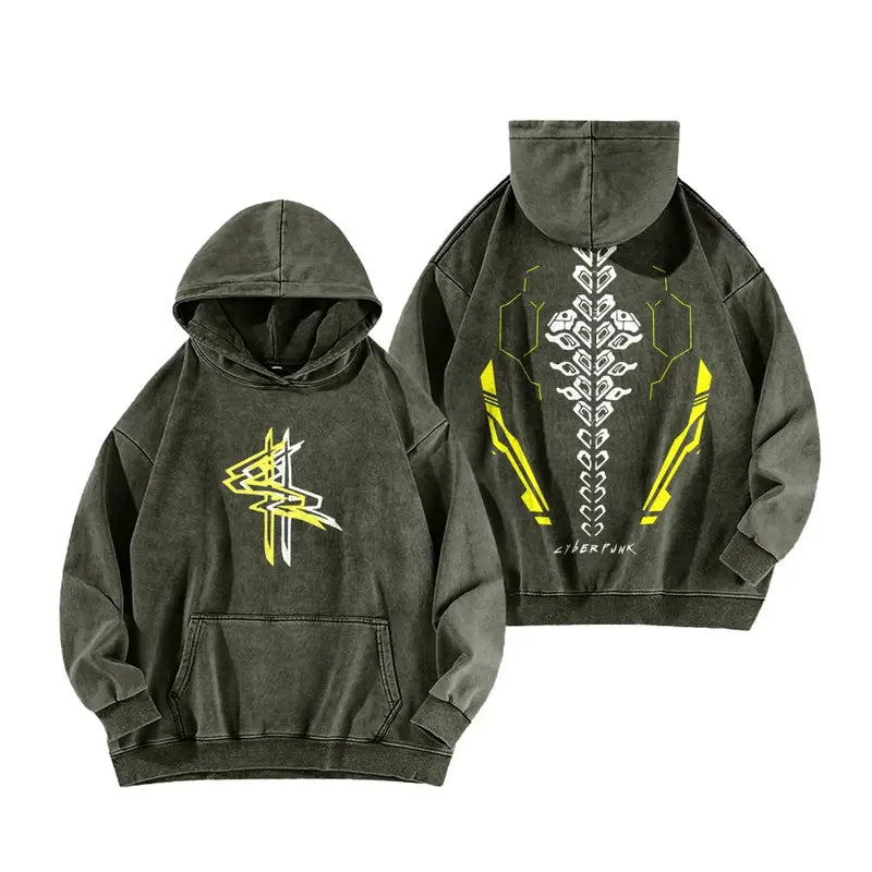 Soft Washed Cotton Cyberpunk Machinery Graphic Hoodie Pullover