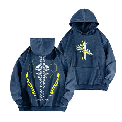 Soft Washed Cotton Cyberpunk Machinery Graphic Hoodie Pullover