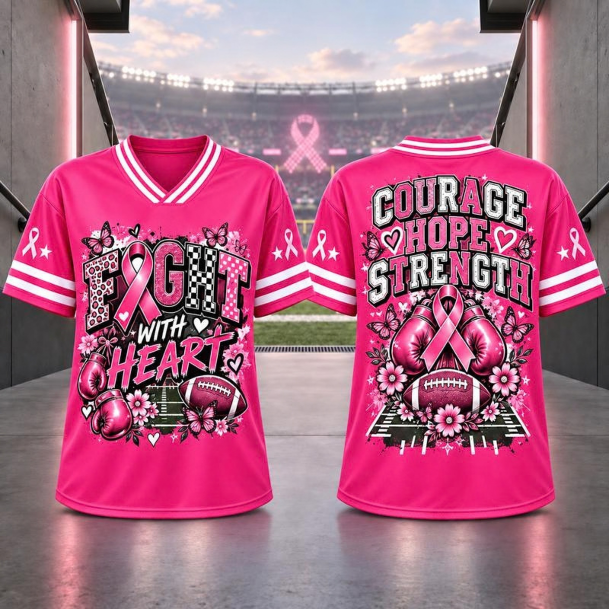 Pink Ribbon Breast Cancer Awareness V-Neck Football Jersey T-Shirt