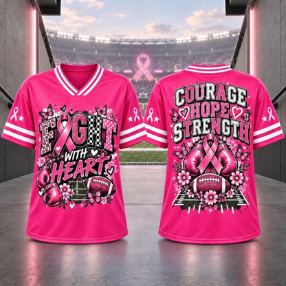 Pink Ribbon Breast Cancer Awareness V-Neck Football Jersey T-Shirt