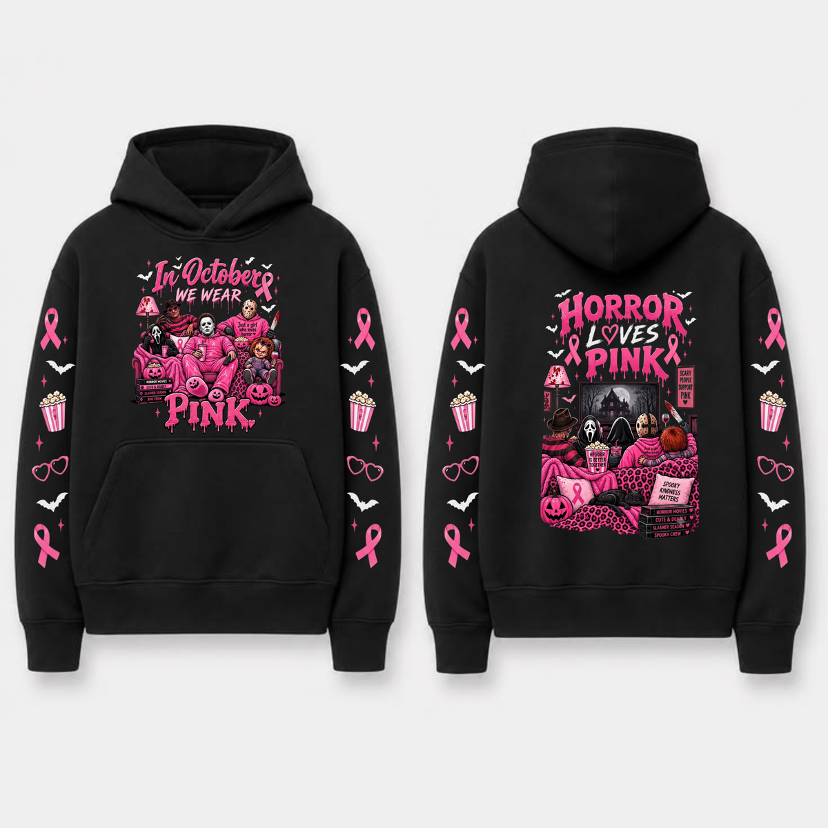 "In October We Wear Pink" Horror Spooky Ribbon Graphic Hoodie