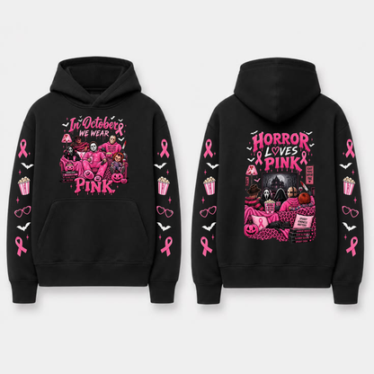 "In October We Wear Pink" Horror Spooky Ribbon Graphic Hoodie