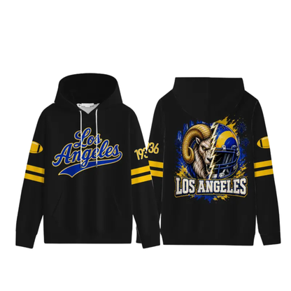 Unisex Football City Graphic Hoodie - Black Pullover with Front Script & Back Helmet Art