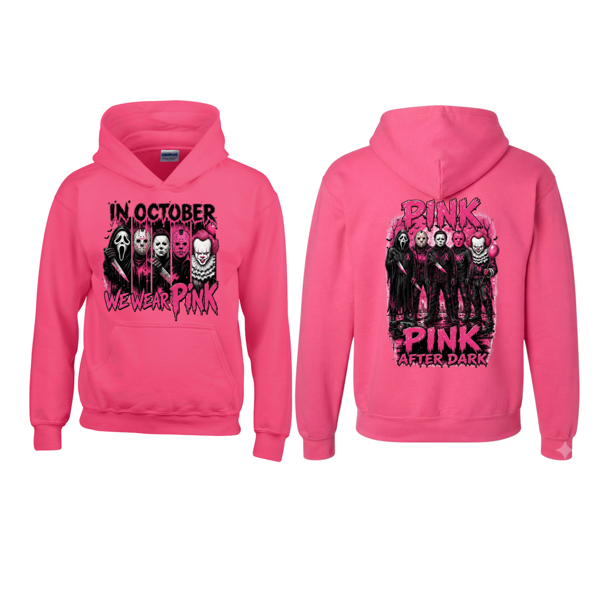 Pink Horror October Pullover Hoodie – Halloween Scary Movie Character & Pumpkin Graphic Sweatshirt