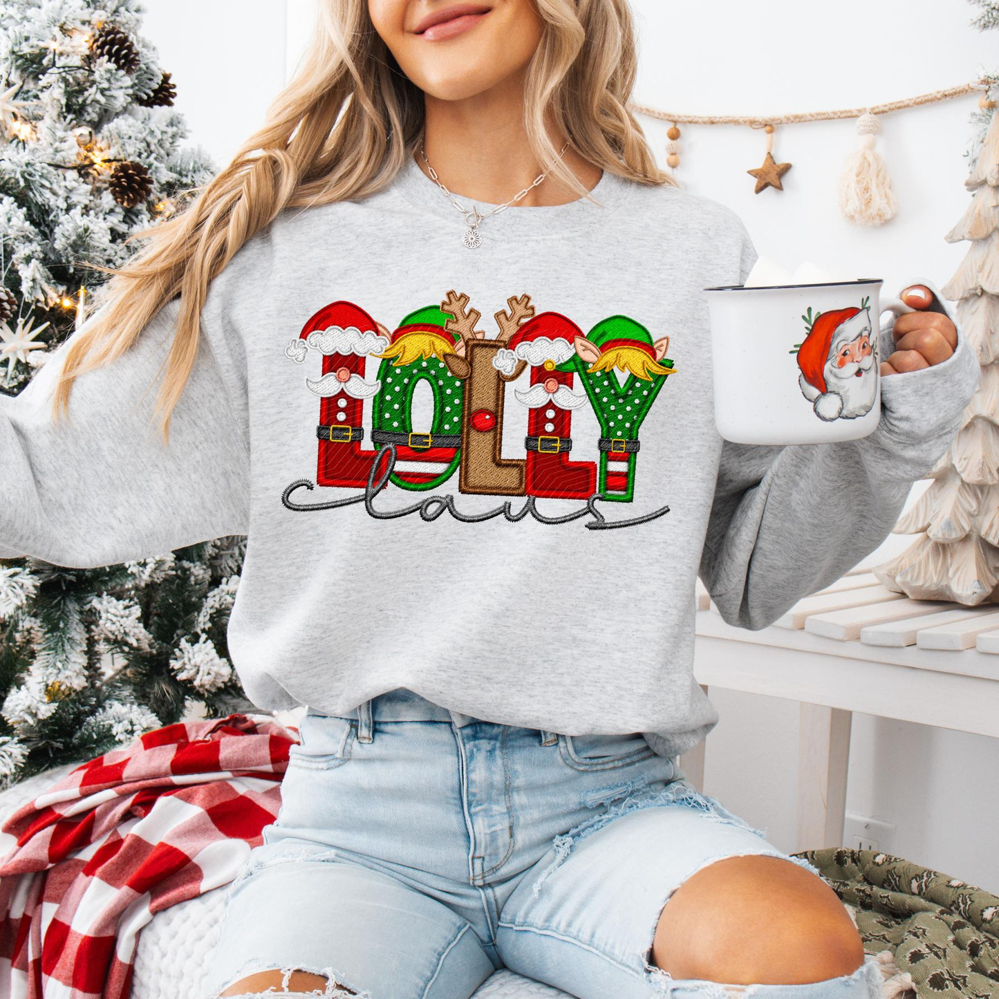 Unisex Faux Embroidery "Claus" Christmas Sweatshirt – Festive Holiday Pullover