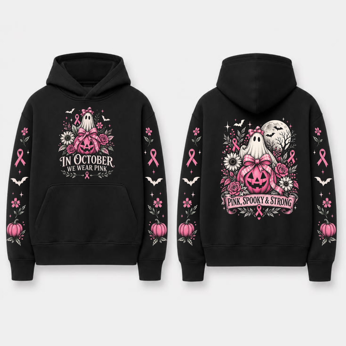 "In October We Wear Pink" Horror Spooky Ribbon Graphic Hoodie