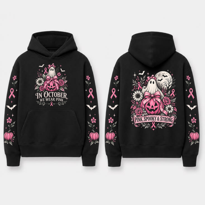 "In October We Wear Pink" Horror Spooky Ribbon Graphic Hoodie