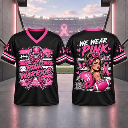 Pink Ribbon Breast Cancer Awareness V-Neck Football Jersey T-Shirt