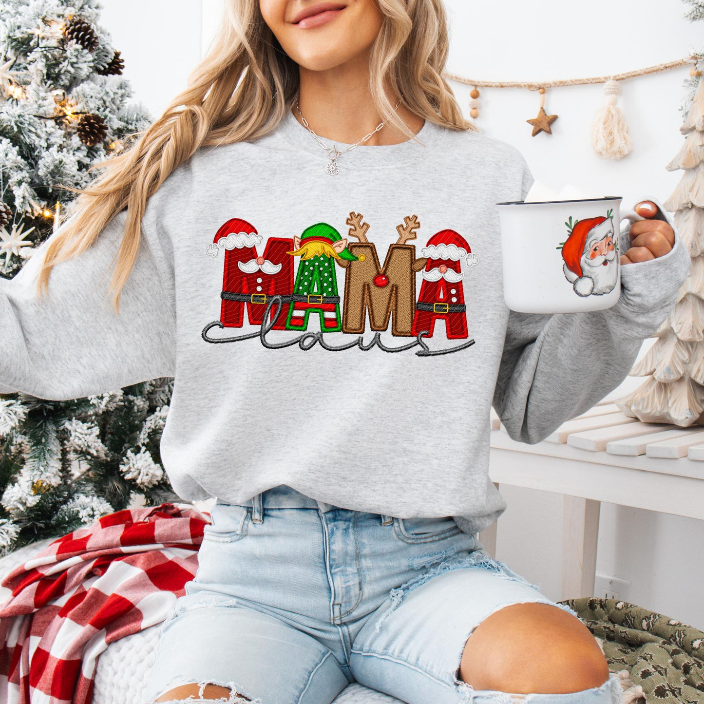 Unisex Faux Embroidery "Claus" Christmas Sweatshirt – Festive Holiday Pullover