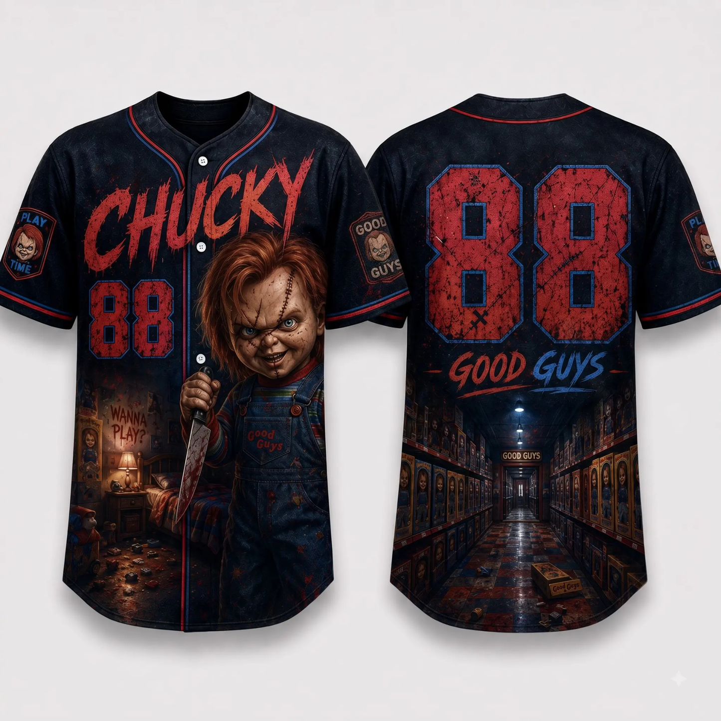 Horror Slasher Gothic Halloween Baseball Jersey - Dark Character Graphic Sports Button-Down