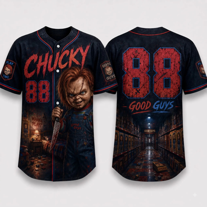 Horror Slasher Gothic Halloween Baseball Jersey - Dark Character Graphic Sports Button-Down
