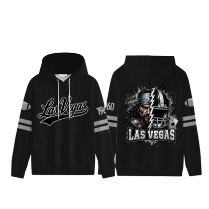 Unisex Football City Graphic Hoodie - Black Pullover with Front Script & Back Helmet Art