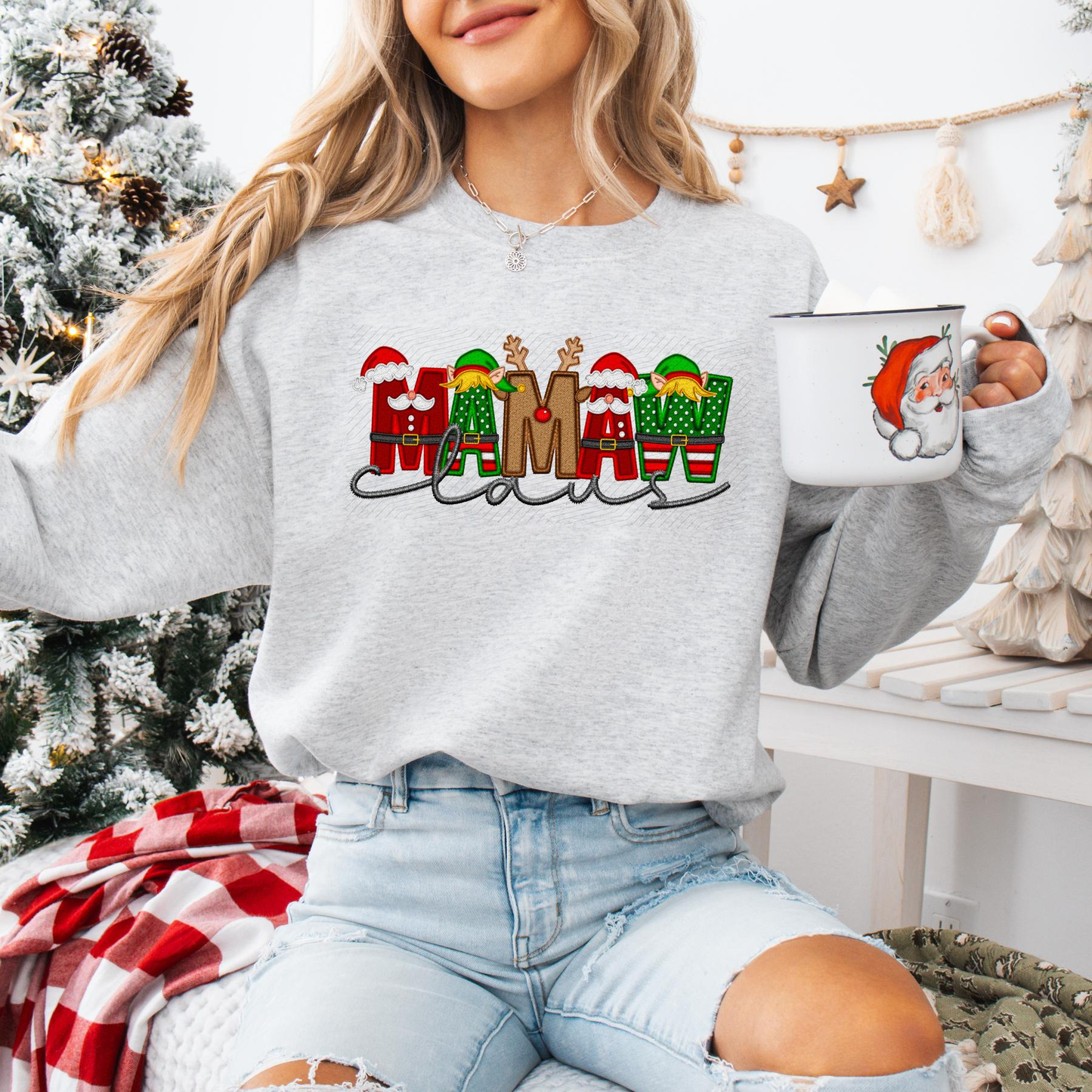 Unisex Faux Embroidery "Claus" Christmas Sweatshirt – Festive Holiday Pullover