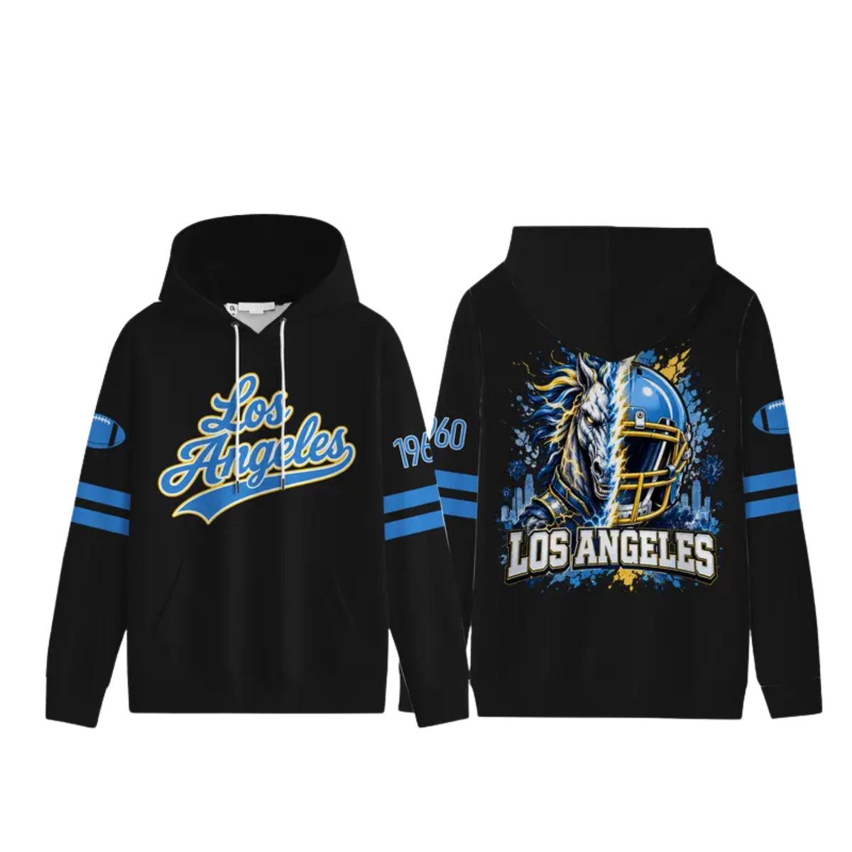Unisex Football City Graphic Hoodie - Black Pullover with Front Script & Back Helmet Art