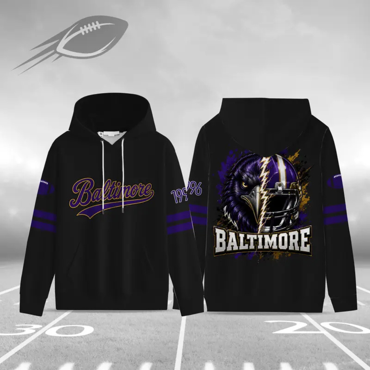 Unisex Football City Graphic Hoodie - Black Pullover with Front Script & Back Helmet Art