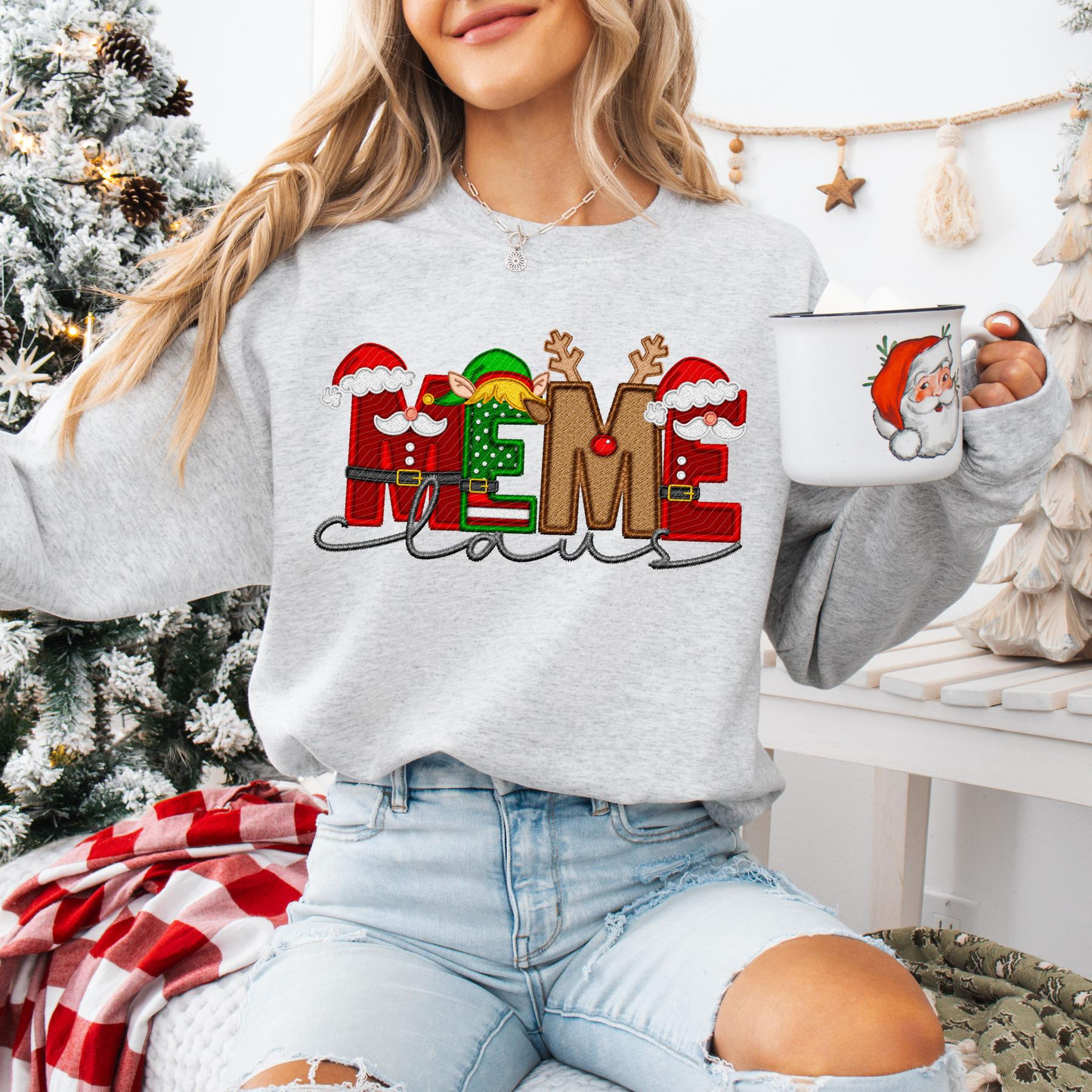 Unisex Faux Embroidery "Claus" Christmas Sweatshirt – Festive Holiday Pullover
