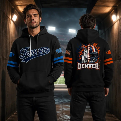 Unisex Football City Graphic Hoodie - Black Pullover with Front Script & Back Helmet Art