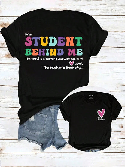 Women's Letter & Heart Print T-Shirt – Casual Crew Neck Tee, Soft Summer Top for Vacation & Daily Wear