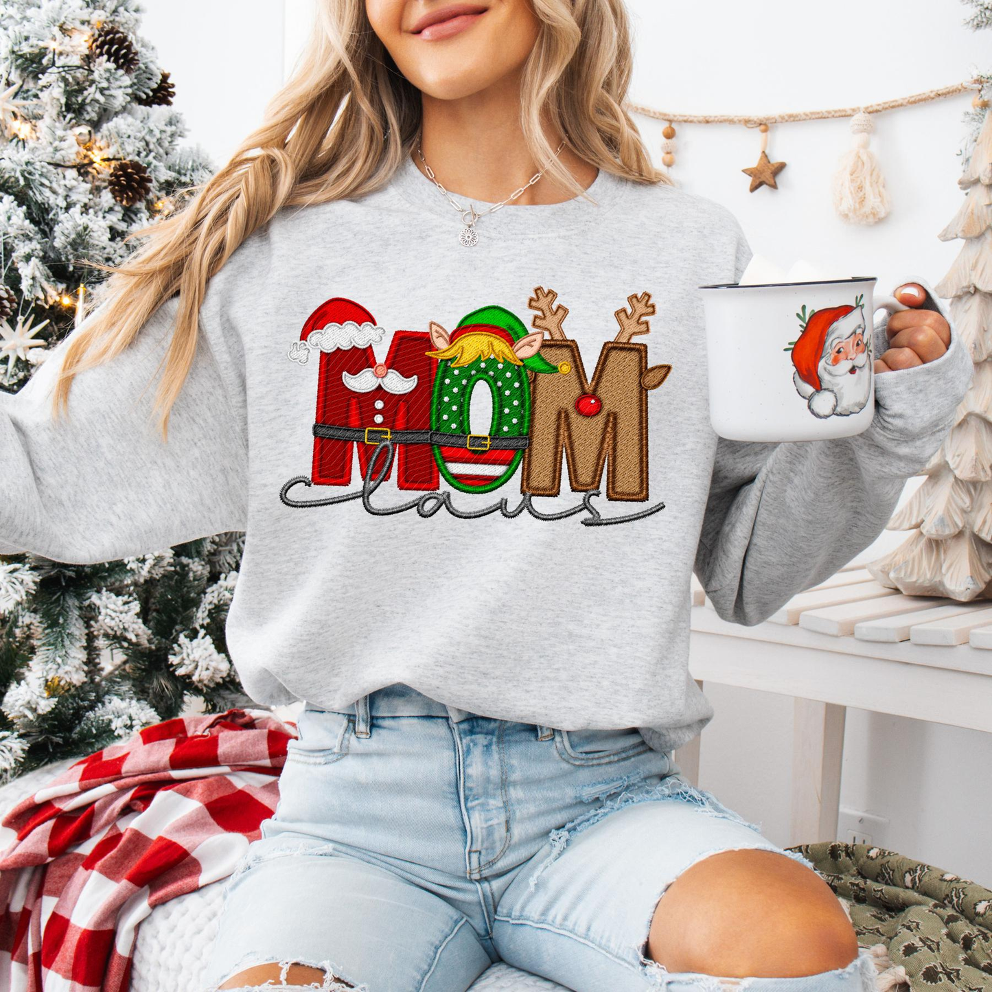 Unisex Faux Embroidery "Claus" Christmas Sweatshirt – Festive Holiday Pullover