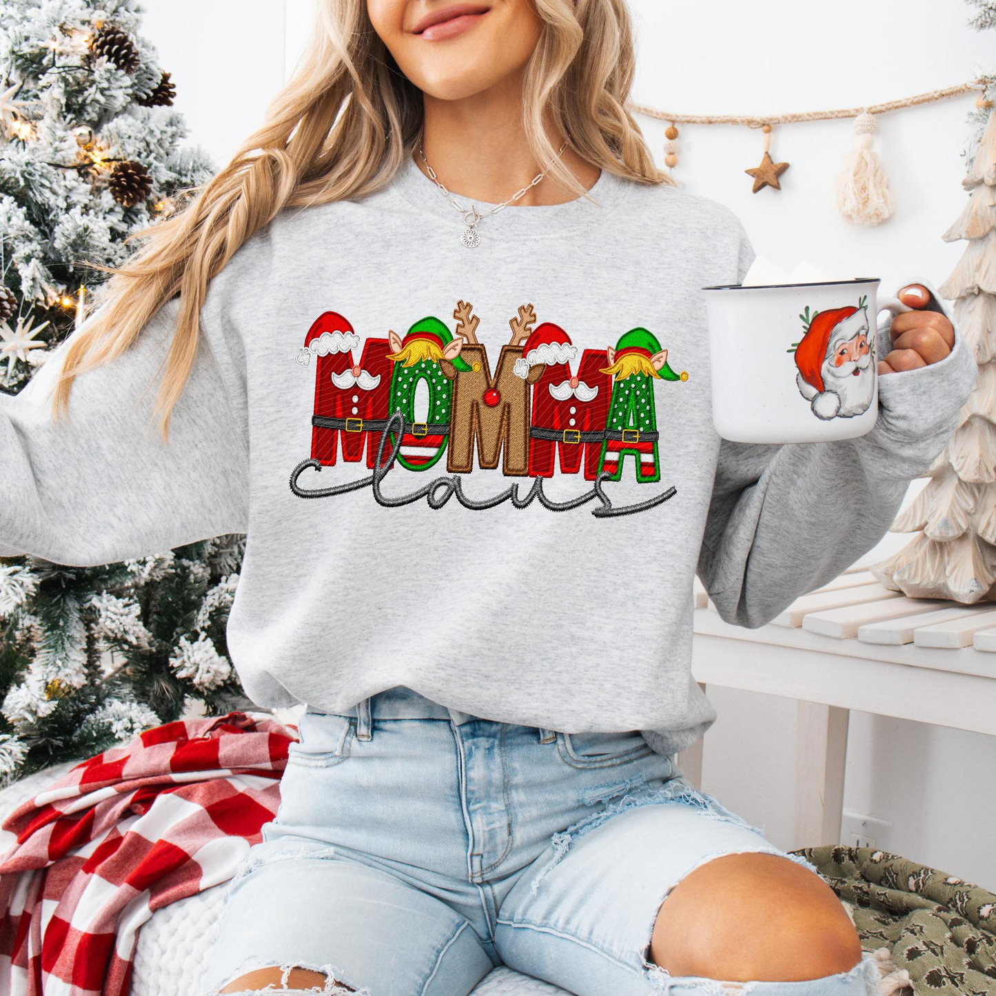 Unisex Faux Embroidery "Claus" Christmas Sweatshirt – Festive Holiday Pullover