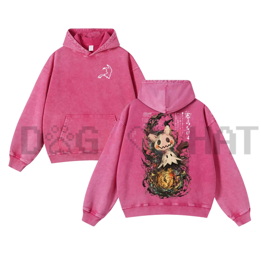 Mimikyu Japanese Ink-Wash Rag Doll Yokai Hoodie - Vintage Washed Y2K Pullover