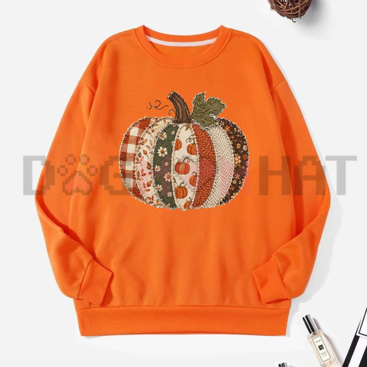 Faux Patchwork Fall Pumpkin Sweatshirt - Autumn Thanksgiving Crewneck Sweater