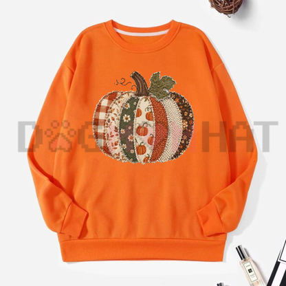 Faux Patchwork Fall Pumpkin Sweatshirt - Autumn Thanksgiving Crewneck Sweater