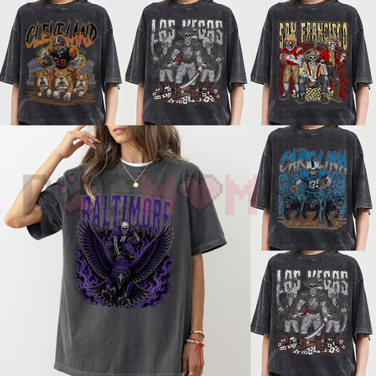 Comfort Colors® Pepper "All 32 Teams" Football Skull Vintage T-Shirt - Classic 90s Tailgate & Game Day Tee