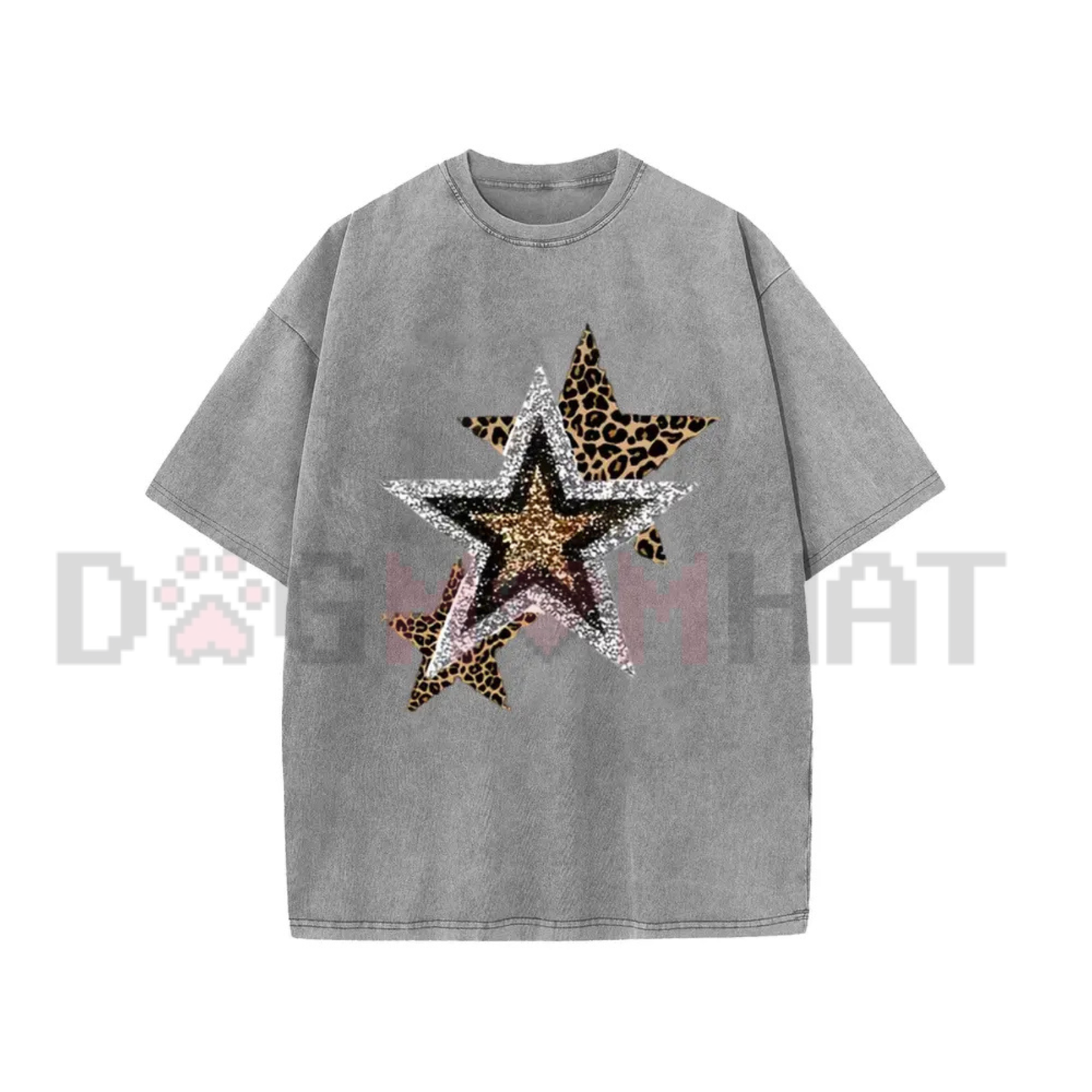 Holafish Celestial Cheetah Acid Wash Tee - Subtle Glitter Leopard Star Crew Neck Streetwear Shirt