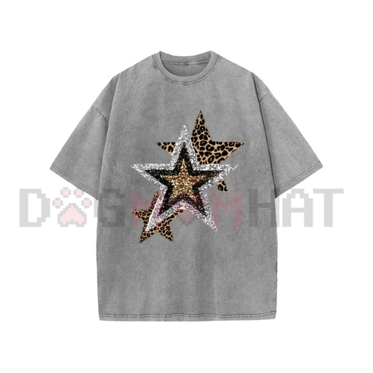 Holafish Celestial Cheetah Acid Wash Tee - Subtle Glitter Leopard Star Crew Neck Streetwear Shirt