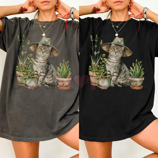 Cat Gardening T-Shirt – Vintage Watercolor Kitten Graphic Tee