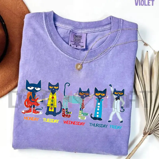 Pete The Cat Days Of The Week Graphic Tee - Vintage Garment Dyed Soft Cotton Unisex School Teacher Kidcore T-Shirt