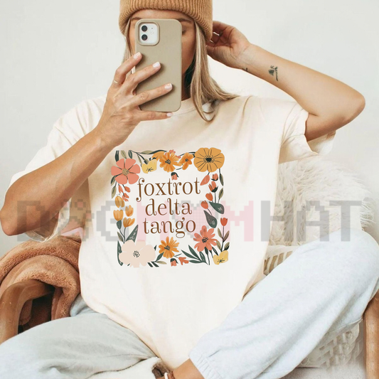 Parke Horizon Tee – "Foxtrots Deltas Tangos" Boho Floral Tactical Graphic T-Shirt