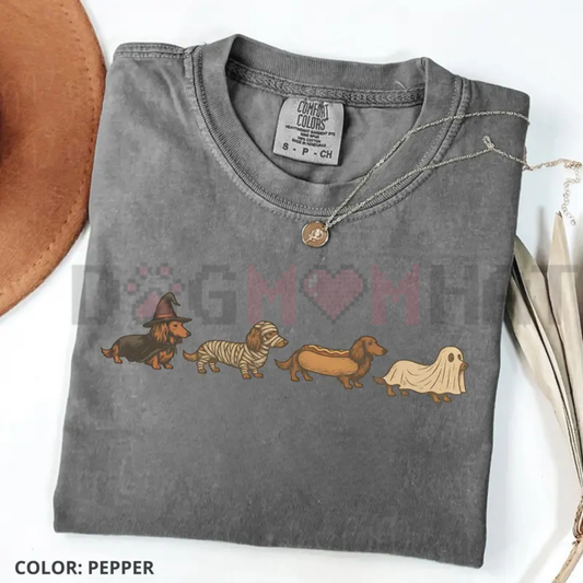 Garment-Dyed Dachshund Spooky Costume Tee - Comfort Colors Vintage Wiener Dog Halloween Shirt