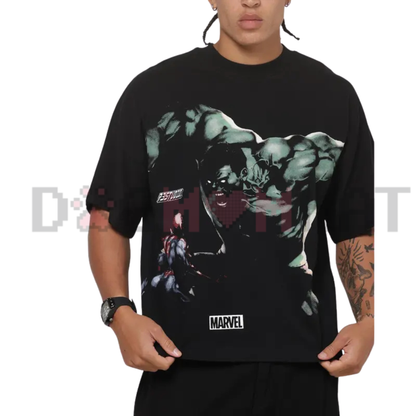 Cosmic Showdown Comic Graphic Tee - Marvel Hulk vs Spider-Man Black Pure Cotton Unisex T-Shirt