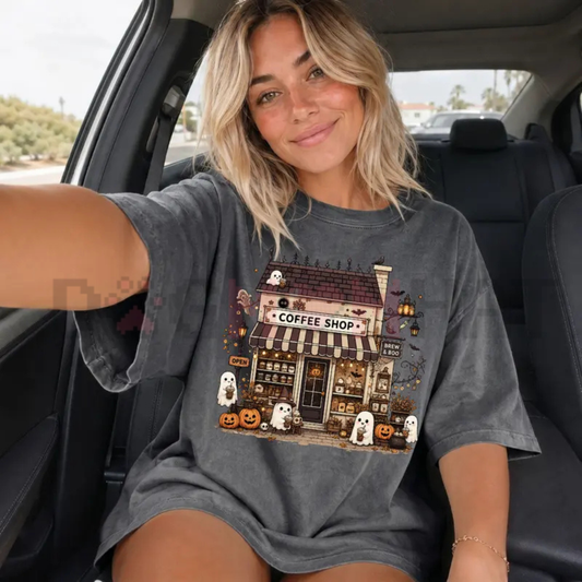 Haunted Brew Cafe Vintage Comfort Colors Tee - Cute Spooky Ghost Coffee Shop Unisex Fall Graphic Shirt