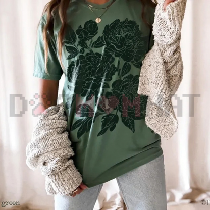 "Vintage Linocut Peonies & Ranunculus" Floral Graphic T-Shirt