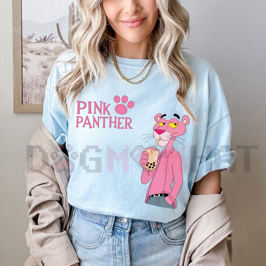 Pink Panther Boba Bliss Graphic Tee - Cute Cartoon Bubble Tea Unisex Pure Cotton Shirt