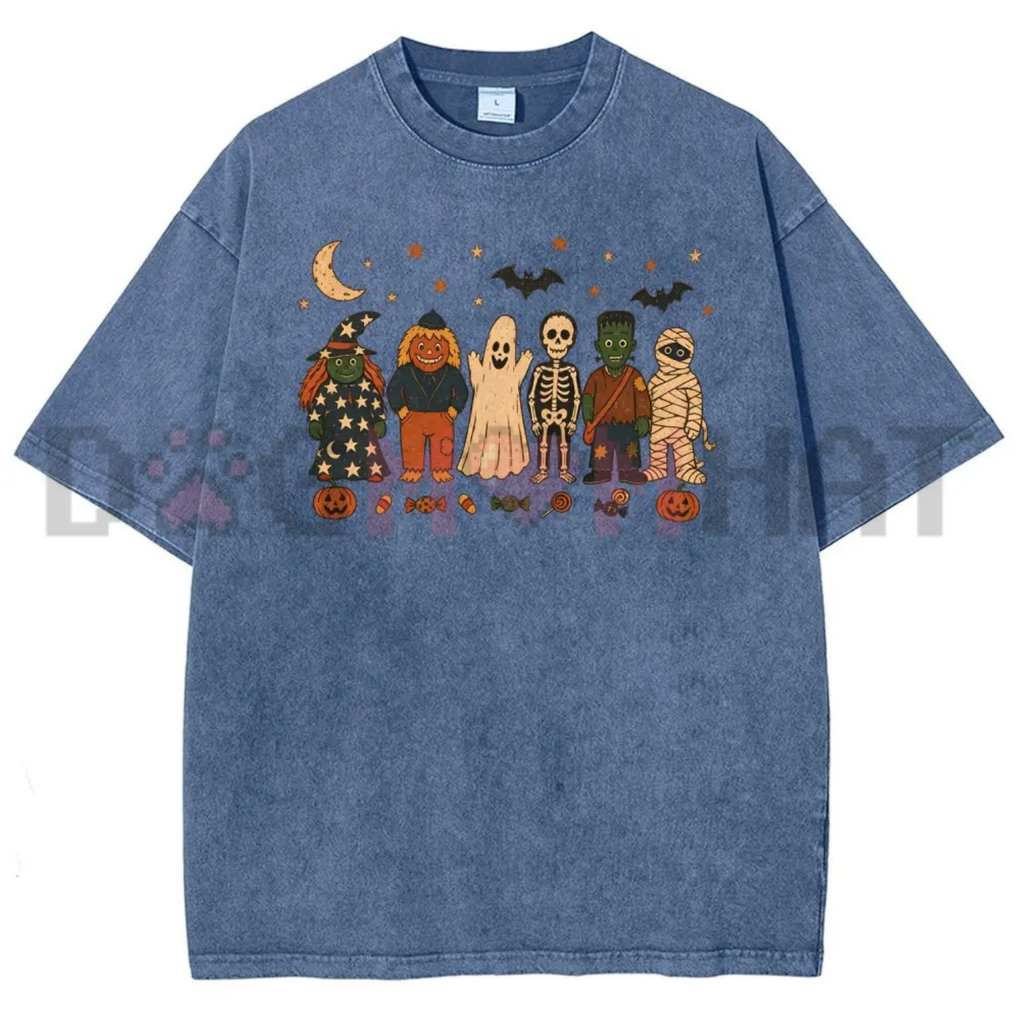 Vintage Washed Halloween Graphic T-Shirt - Y2K Witches, Ghosts & Pumpkin Scarecrows Tee