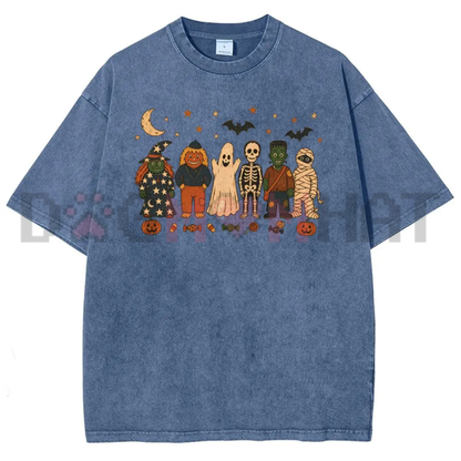 Vintage Washed Halloween Graphic T-Shirt - Y2K Witches, Ghosts & Pumpkin Scarecrows Tee