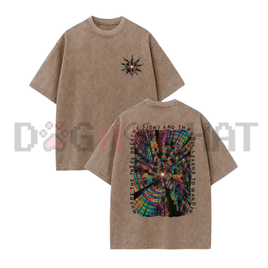 Vintage Acid Wash Trippy Forest Graphic Tee - Psychedelic Y2K Festival Streetwear Oversized Cotton Top
