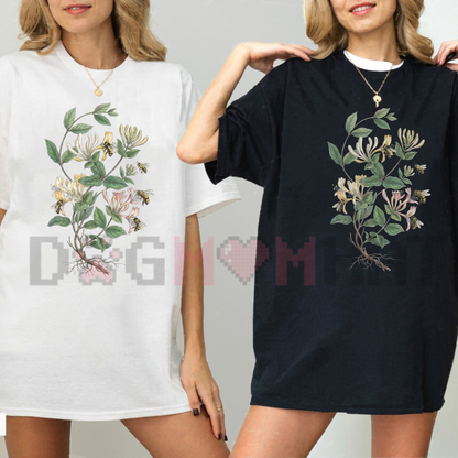 "Vintage Honeysuckle Flower & Bee" Retro Botanical Graphic T-Shirt