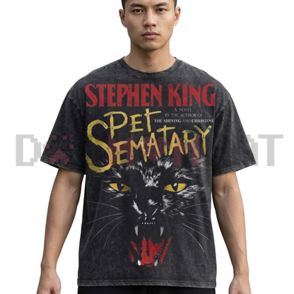 Creepy Black Cat Thriller Vintage Book Graphic Tee - Retro Grunge Acid Wash Y2K Cotton Unisex Streetwear T-Shirt