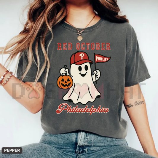 'Red October' Halloween Ghost T-Shirt – Spooky Baseball Philadelphia Tee, Phillies Fan Vintage Halloween Shirt