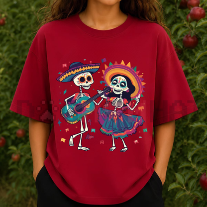 Vibrant Folk Art Skeleton Dance T-Shirt - Colorful Mexican Folk Art Graphic Tee