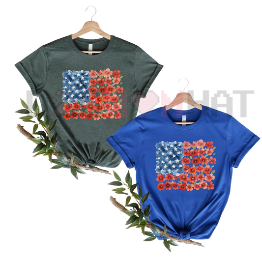 Floral American Flag T-Shirt – Patriotic Poppy Botanical Tee