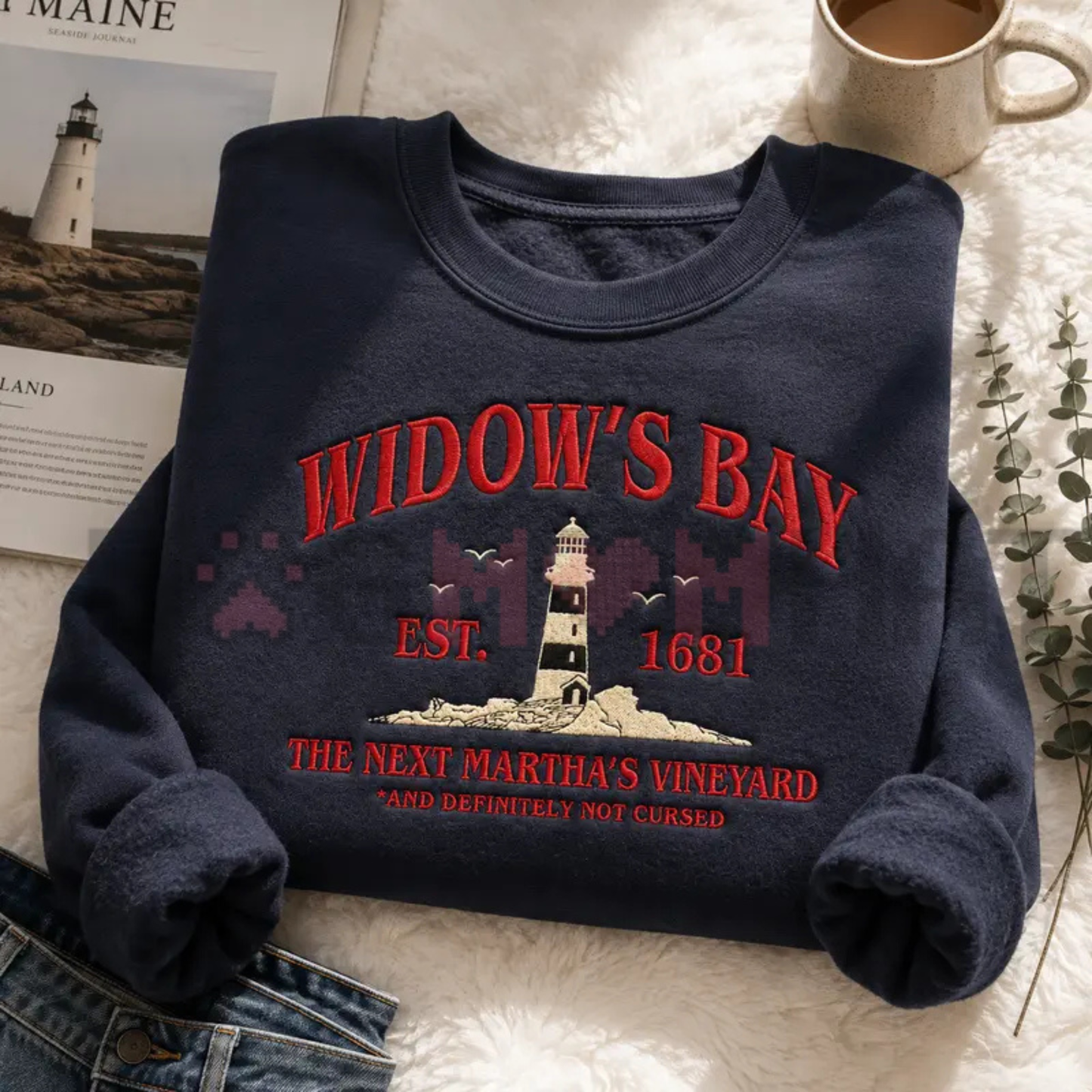 Widow's Bay Tourist Embroidered Sweatshirt - Vintage Haunted Town Travel Pullover