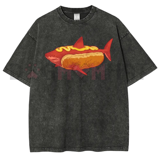 Apex Wiener Weirdcore Retro Graphic Tee - Funny Shark Hotdog Food Meme Vintage Washed Cotton Unisex Streetwear Shirt